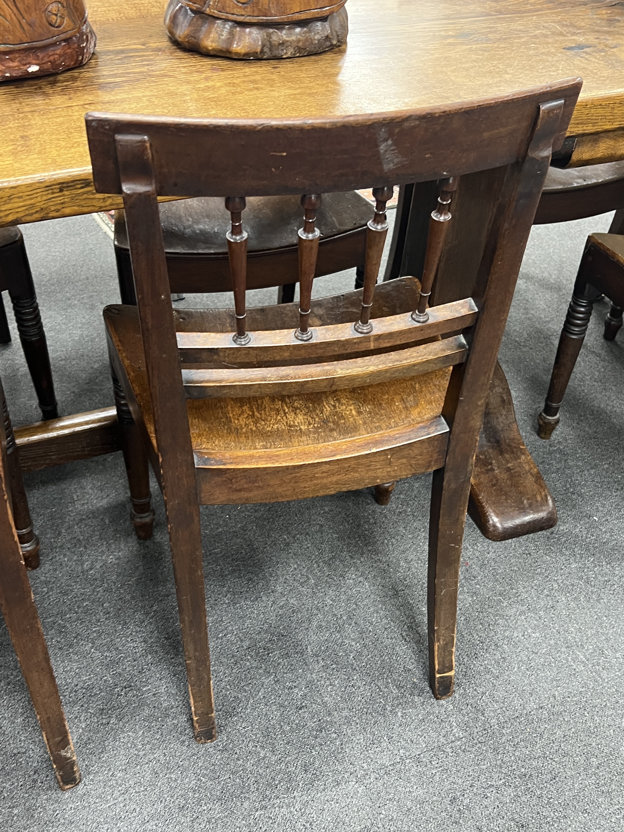 A set of six Regency Provincial mahogany wood seat dining chairs, width 48cm, depth 39cm, height 87cm